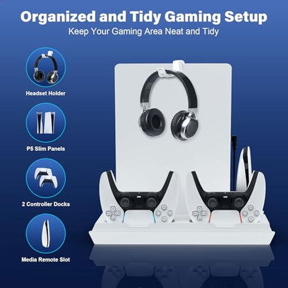 fivtek PS5 Stand with Cooling Fan & Controller Charger, All-in-One Docking Station for PS5 & PS5-Slim, 4-Port USB Hub, Headset Holder, Fast Wireless Charging for 2 Dual Controllers, White - color: White