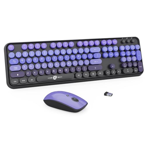FOPETT Wireless Keyboard and Mouse Combo - 2.4G Full-Sized Cute Colorful Mouse and Keyboard with 104 Round Keys Retro Typewriter Keyboard for Laptop/Windows/PC - Black Purple - color: V2020 Black Purple