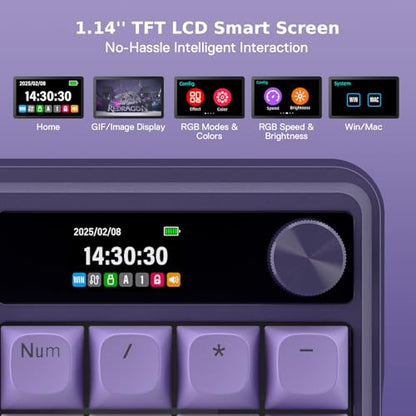 Redragon K762 Wireless Gasket Mechanical Gaming Keyboard, LED Screen & Knob | Easy-Control TFT Info Display, Cushioned 5-Layer Noise Dampening for Creamy Thocky Sound, Round PBT Keycap, 104 Custom Switch - color: Charming Purple, size: 104 Keys