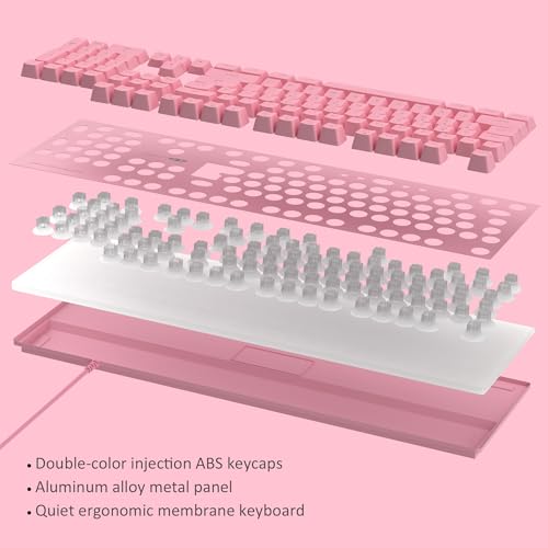 MageGee GT838 Gaming Keyboard and Mouse Combo, 104 Keys RGB Backlit Quiet Wired Keyboards for Laptop PC MAC, with Number Pad, Metal Panel, Anti-Ghosting, Pink - color: Pink