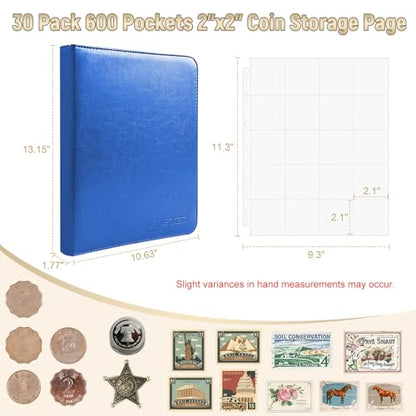BYSTER Coin Collection Book, 30 Pack 600 Pockets Coin Sleeves, Faux Leather Coin Collection Holder Album, Coin Collection Organizer Storage Box Case (Coin Flips Not Included), Blue - color: Blue