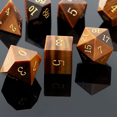 Haxtec Tiger's Eye Gemstone DND Dice Set Natural Stone Polyhedral Dice W/Premium Dice Case Compatible with Dungeons and Dragons Role Playing Board Games D&D Gift - color: Brown Gold