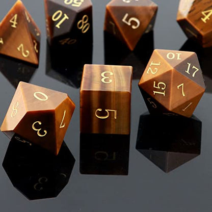 Haxtec Tiger's Eye Gemstone DND Dice Set Natural Stone Polyhedral Dice W/Premium Dice Case Compatible with Dungeons and Dragons Role Playing Board Games D&D Gift - color: Brown Gold