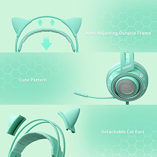 SOMIC G951S Green Gaming Headset with Microphone for PS4, PS5, Xbox One, PC, Cat Ear Headphones Over Ear with in-Line Mic Control, Stereo Sound for Girls, Woman - color: Green