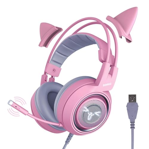 SOMIC G951pink Gaming Headset for PC, PS4, PS5, Laptop, Cat Ear Headphone USB Gaming Headphones with Mic Noise Cancelling, LED Light, 7.1 Virtual Surround Sound for Girls, Women - color: Pink