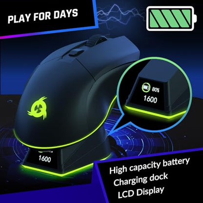 KLIM Blaze Pro Rechargeable Wireless Gaming Mouse with Charging Dock RGB & LCD Display - New Version - High-Precision Sensor and Long-Lasting Battery - Up to 6000 DPI - Great PC Gaming Mouse Wireless