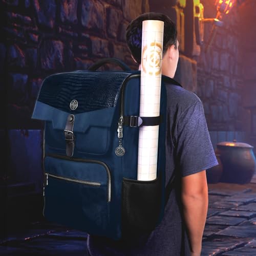 ENHANCE Collector's Edition DnD Backpack - RPG DM Bag for Dungeons and Dragons - DnD Bag fits 6-8 Books, 18" Laptop/DM Screen Slot, Miniature Foam Trays, Accessory Pockets, Map Strap (Dragon Blue) - color: Dragon Blue