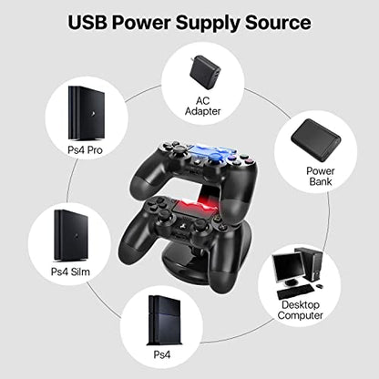 TNP PS4 Controller Charger Dock for 2 DualShock 4 Controllers, Black | Dual PS4 charging station charges 1 controller in about 2 hours or 2 in about 4 hours, with LED status indicators.