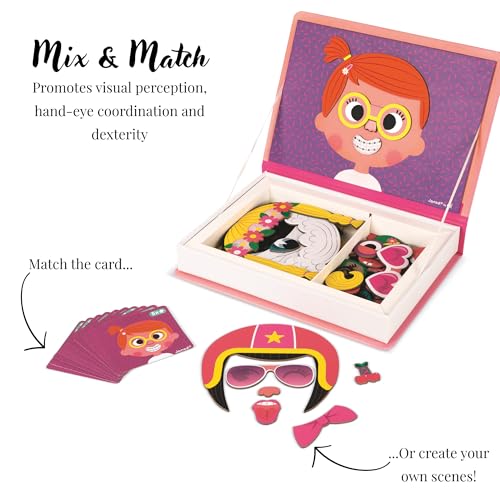 Janod MagnetiBook 66 pc Magnetic Girl Crazy Face Dress Up Game - Ages 3+ - Creative Play - Enhances Creativity and Learning - Includes 55 Magnetic Pieces and 10 Cards | Ideal for Kids Ages 3+ - Enhances Creativity and Learning - Fun Travel Activity - Incl