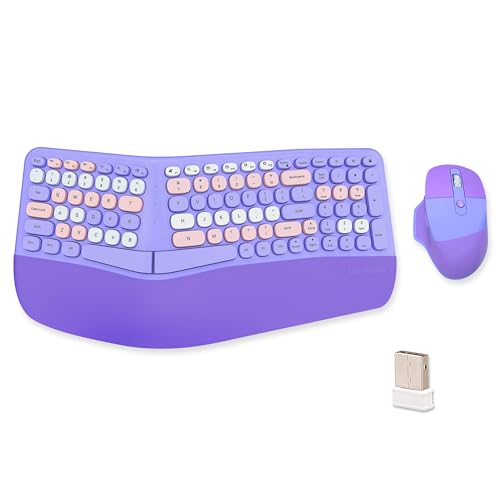 Wireless Ergonomic Keyboard and Mouse Combo with PU Wrist Rest, Carpal Tunnel Keyboard, 2.4G Colorful Split Ergo Keyboard, Comfortable Natural Typing, Compatible with PC/Laptop (Purple) - color: Purple