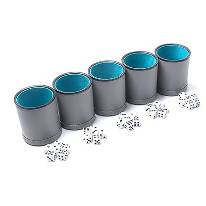 5 Pack PU Leather Dice Cups Felt Lining Quiet Shaker with 30 Dot Dice for Bar Party Yahtzee Farkle Dice Games, Grey - color: Grey