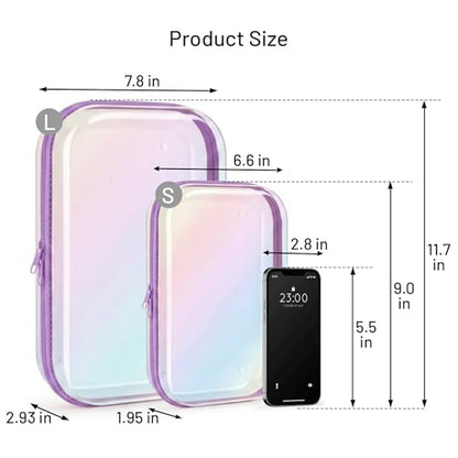 Clear Hard Shell Organizer Cases, 2 Pack | Iridescent PET shell with water-resistant, scratch-resistant surface for travel, toiletries, electronics and daily essentials - color: Purple2