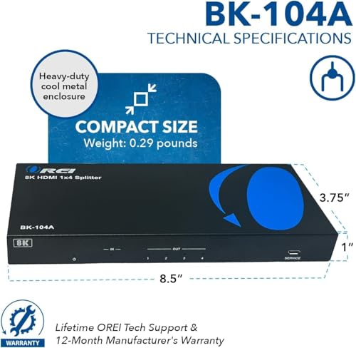 OREI 8K HDMI Splitter 1 in 4 Out, 1 x 4 Duplicate/Mirro Screen with Audio Extractor UltraHD Supports Upto 4K @ 120Hz IR EDID HDCP 2.3 for PS5, Xbox, NVIDIA (BK-104A) | OREI 8K HDMI Splitter 1 in 4 Out, Downscaler & Audio Extractor Up to 8K@60Hz 4:2:0. 1x4