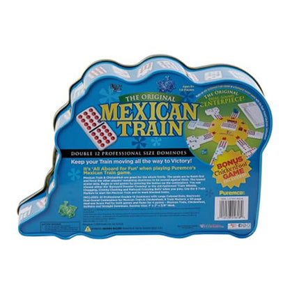 Puremco Mexican Train Double 12 Professional Size Dominoes with Bonus Chickenfoot Game Included Travel Tin Board Game, 91 Tiles, Challenging, Fun Game for Ages 6 Years & Up, Blue