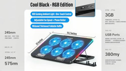 Laptop Cooling Pad 6 Fans RGB LED Adjustable Stand 12-17" Gaming | 6 fans 2400 RPM, RGB lights, adjustable speed, phone holder, metal mesh, dual USB, fits 12-17", 35-70 CFM cooling power - color: Black standard version (no speed control, with sta