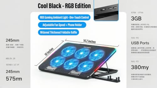 Laptop Cooling Pad 6 Fans RGB LED Adjustable Stand 12-17" Gaming | 6 fans 2400 RPM, RGB lights, adjustable speed, phone holder, metal mesh, dual USB, fits 12-17", 35-70 CFM cooling power - color: Black flagship version (smart LCD screen display,