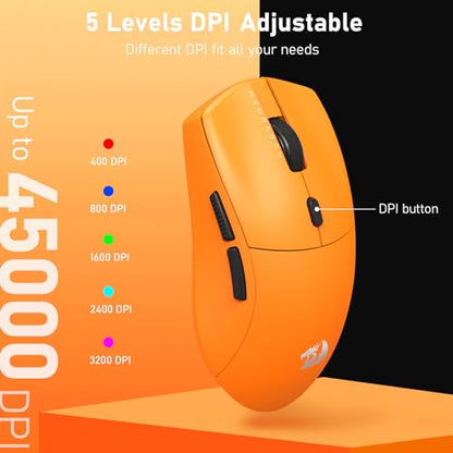 Redragon M919 Pro Wireless Esports Gaming Mouse, 54g Lightweight, Orange | 8000 Hz Polling Rate, 45K DPI, 6 Programmable Buttons, 85 Hr Battery, BT5.1/2.4GHz/USB-C Wired Gamer Mouse for PC/Mac/Win