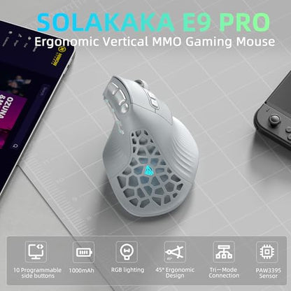 SOLAKAKA E9 PRO Ergonomic Vertical MMO Mouse with 8K Dongle, Gray-Silver | Ergonomic 45° Grip vertical,PAW3395 36000 DPI Sensor, Tri-Mode Wireless,10 Side Buttons,1000mAh Rechargeable,RGB - color: Gary