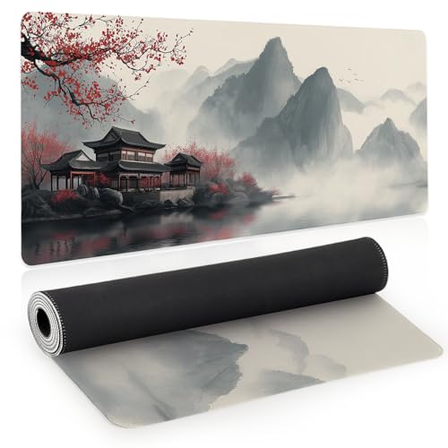 Japanese Large Mouse Pad, Gaming Mousepad Big XL Extended Non-Slip Stitched Edges, Desk Mat, Laptop Computer Keyboard Pad for Desktop Decor Office Home, 31.5x11.8in - color: Ink Painting