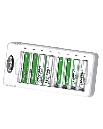 Granicell 8-Pack Rechargeable 4AA & 4AAA Batteries with Charger | High Capacity Ni-MH Double A & AAA Batteries with Smart 8 Bay Smart Battery Charger, USB Fast Charging - size: Charger&AA,AAA-4