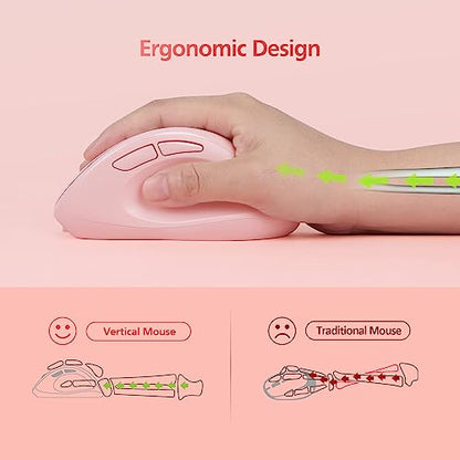 Micropack Wireless Bluetooth Mouse Ergonomic Vertical for Laptop MacBook PC Tablet Rechargeable Silent Click Multi-Device 3-Mode 2.4G Adjustable DPI Compatible with Windows Android iOS MacOS Pink - color: Pink, size: Rechargeable 3-Mode