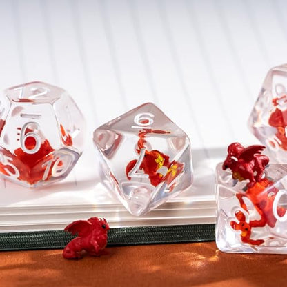 UDIXI DND Dice Set Resin Dragon Polyhedral Dice Set for D&D Tabletop Games | Velvet Storage Bag, DM Gift, for Dungeons and Dragons Role Playing Games Board Games - color: Red Dragon