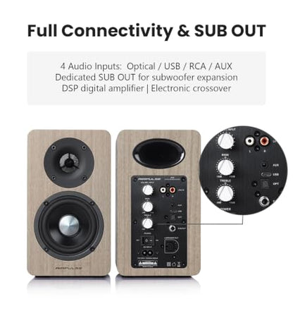 Edifier Airpulse A60 Desktop Hi-Res Bluetooth Bookshelf Speakers, Walnut | Planar Tweeter, Hi-Res Audio, Bluetooth 5.1 aptX HD, DSP Crossover, Multi Input, Sub Out, MDF Wooden Cabinet - color: walnut