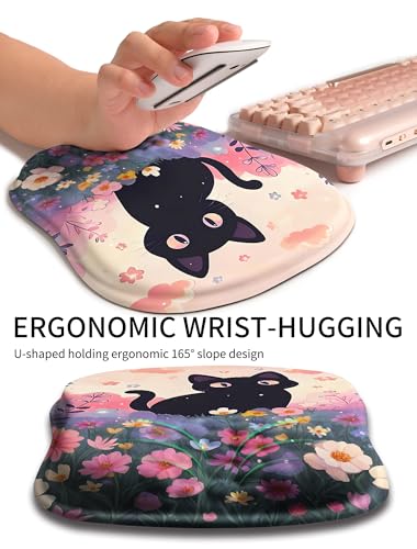 Hokafenle Ergonomic Wrist-Hugging Mouse Pad Wrist Support, U-Shaped Holding Wrist Rest Mousepad for Carpal Tunnel Pain Relief with Cushioned Memory Foam Slope Massage Bulge (10.2x8.3 in,Flower Cat) - color: Flower Cat