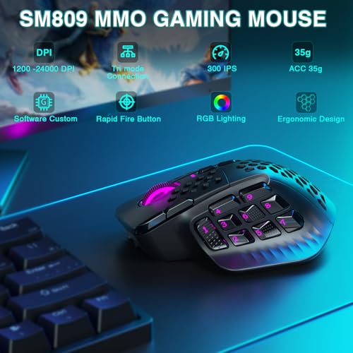 SOLAKAKA SM809 Pro MMO Gaming Mouse with 9 Side Buttons,24000 DPI RGB Mouse for Gamer,16 Programmable Macros MMO Mouse,Black - color: 1-black