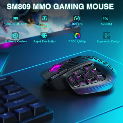 SOLAKAKA SM809 Pro MMO Gaming Mouse with 9 Side Buttons,24000 DPI RGB Mouse for Gamer,16 Programmable Macros MMO Mouse,Black - color: 1-black