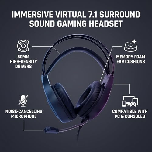 VBESTLIFE Wired Gaming Headset, 50mm Driver 7.1 Surround Sound Over Ear Headphone with Noise Cancelling Mic Memory Foam Cushions for PC Mobile Devices