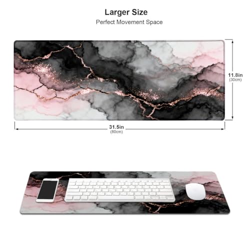 Large Mouse Pad, Desk Mat Computer Keyboard Pad Non-Slip Rubber Base Waterproof with Stitched Edges for Laptop Gaming, Office & Home 31.5 x 11.8 Inch (Pink Golden Marble) - color: Pink Golden Marble
