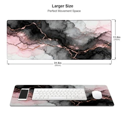 Large Mouse Pad, Desk Mat Computer Keyboard Pad Non-Slip Rubber Base Waterproof with Stitched Edges for Laptop Gaming, Office & Home 31.5 x 11.8 Inch (Pink Golden Marble) - color: Pink Golden Marble