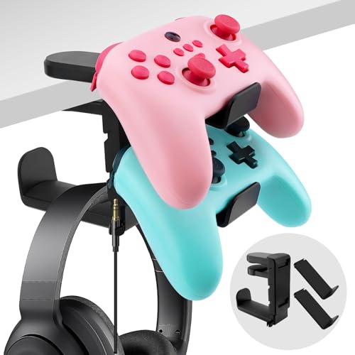 3-in-1 PC Gaming Headphone & Controller Holder for Desk - Headphone Hanger with Adjustable Clamp & Rotating Arm, Under Desk Controller & Switch Stand - Black