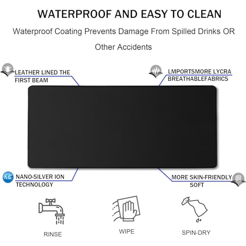 Large Gaming Mouse Pad with Extended Stitched Edges, (31.5X15.7 Inch) Durable Non-Slip Natural Rubber Base, Waterproof Keyboard Computer Mousepad for Esports Pros/Gamer/Desktop/Office/Home, Black - color: Black