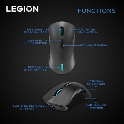 Lenovo Legion M600 RGB Wireless Gaming Mouse – 16,000 DPI, 9 Programmable Buttons, 200-Hour Battery Life, 50-Million Clicks Durability – Ambidextrous Computer Mouse (Black) - color: Iron Grey, size: Large | Ambidextrous, style: M600
