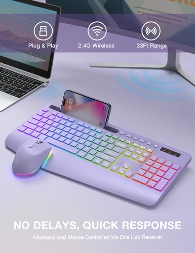 Wireless Keyboard and Mouse Combo, 9 Backlit Effects, RGB, 2.4GHz | Ergonomic Wrist Rest, Phone Holder, Rechargeable, Full Size, KM22 MAX Silent Set for Computer, Laptop, Mac, Windows (Purple) - color: Lavender Purple