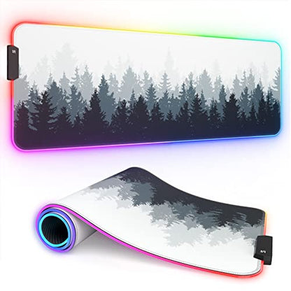 ITNRSIIET RGB Gaming Mouse Pad, Full Desk XL Extended Large Gaming Mousepad, 12 Lighting Modes 30% Thicker Big LED Desk Mat for Gamers, 32 x 12 inches, Ink Painting Misty Forest - color: Ink Painting Misty Forest