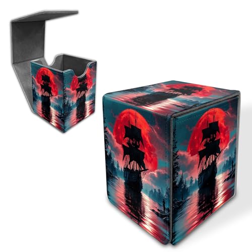 Deck Box for MTG/TCG/CCG, 100+ Sleeved Card Holder, PU Leather Trading Card Storage Box Case with Magnetic Closure, Quick Access for MTG Commander Game Cards, Red Moon Pirate Ship - color: Red Moon Pirate Ship, size: 3.2×3.1×4.1 inch