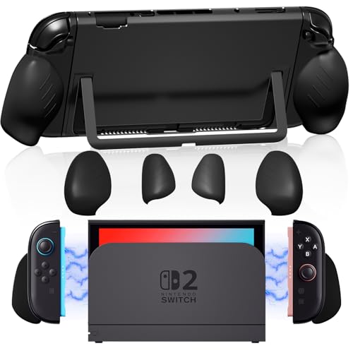 Lainergie 9-IN-1 Switch 2 Grip Case, Ergonomic Grip Hard Shell with Replaceable Grips [to fit All Hands Sizes], Dockable Handheld Shell Set for Nintendo Switch 2 2025, Black - color: sd black