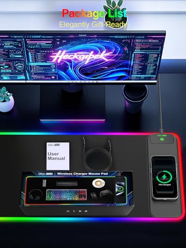 Wireless Charging Mouse Pad Gaming, 31.5"x11.8" Large Desk Mat, Waterproof | RGB Mousepad, Smooth Glide, Stitched Edge, Non-Slip Rubber Base, Desk Pad Computer Keyboard Mat, No Adapter - color: RGB-31.5"x11.8"-Right