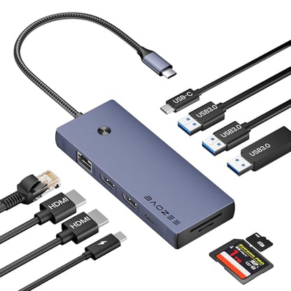 Laptop Docking Station Dual Monitor, 10-in-1 USB-C Hub with Dual HDMI 4K, Ethernet, PD 100W Charging, USB 3.0 USB-A and USB-C with 5Gbps Data Transfer, SD/TF Card Reader, for MacBook, and More