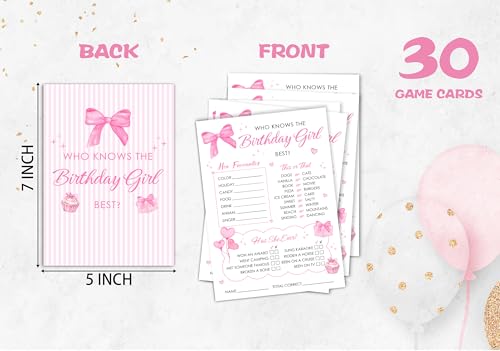Birthday Party Card Games, Pink Bow Themed Who Knows The Birthday Girl Best Game Cards, Fun Sleepover Party Game For Kids Adults, Fun Girls Night Activities Supplies, 06 - color: Pink Bow Who Knows The Birthday Girl Best