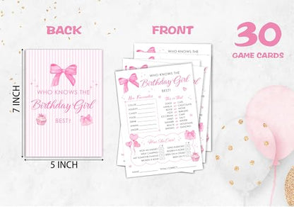 Birthday Party Card Games, Pink Bow Themed Who Knows The Birthday Girl Best Game Cards, Fun Sleepover Party Game For Kids Adults, Fun Girls Night Activities Supplies, 06 - color: Pink Bow Who Knows The Birthday Girl Best