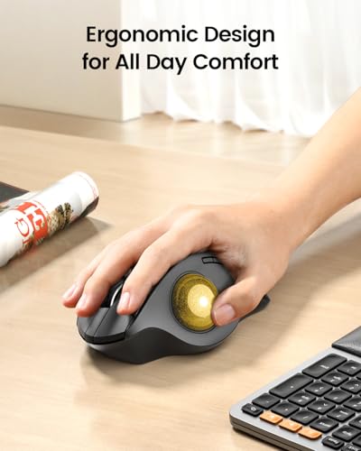 ProtoArc EM01 NL Wireless Trackball Mouse, Rechargeable Thumb Control, Gold | 0/20° Adjustable Angle to Reduce Fatigue, Triple-Device Bluetooth & 2.4G USB-A for Office Use, Silent Click, Easy to Clean - color: Gold Ball