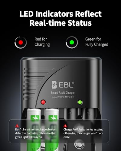 EBL Rechargeable AAA Batteries with Charger with AC Plug for AA/AAA/9V | Mercury-Free, 1200 Cycles, Charger with AC plug, 8 AAA batteries. Also charges 9V. Ideal for remotes, toys, flashlights