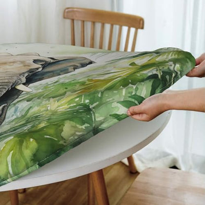 Famame Elephant Palm Leaves Jungle Round Fitted Tablecloth with Elastic Protector Table Kitchen Dinner Waterproof Oil-Proof Table Covers Fits 40"-44", Small - color: Elephant Palm Leaves Jungle, size: Small (40"-44")