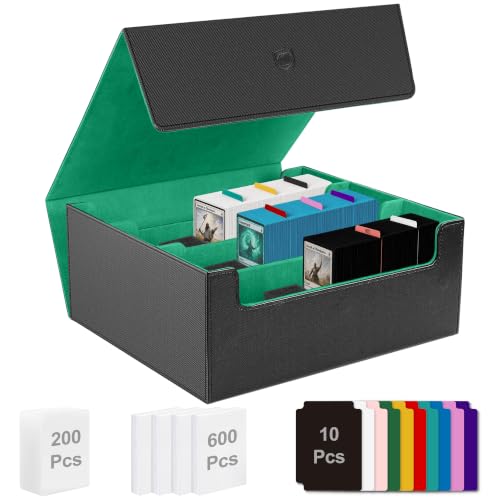 Trading Card Storage Box, Holds 1800 Sleeved Card, PU Magnetic Closure | 200 Toploaders and 600 Penny Sleeves INCLUDED, 10 Dividers and 6 Foam Stoppers INCLUDED, Fit for MTG, TCG and Sports Cards - color: Black and Green