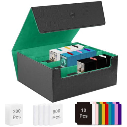 Trading Card Storage Box, Holds 1800 Sleeved Card, PU Magnetic Closure | 200 Toploaders and 600 Penny Sleeves INCLUDED, 10 Dividers and 6 Foam Stoppers INCLUDED, Fit for MTG, TCG and Sports Cards - color: Black and Green