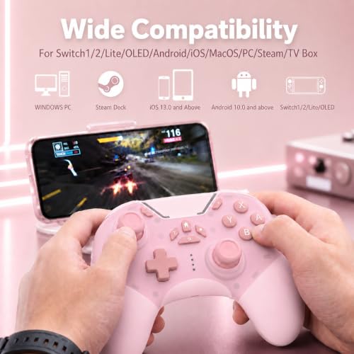 aghi Hall Effect Wireless Gaming Controller with Phone Clip | for iPhone/Android/PC/Steam/TV/Switch/Switch 2 with Hall Joysticks, Lock Speed, Macro, 6-Axis Gyro, Vibration, Turbo, Pink - color: Light Pink